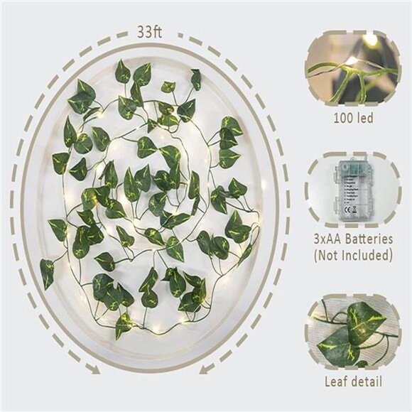33ft Vine String Lights Battery Operated 100 LED Pothos Garland Indoor Outdoor - Picture 5 of 8